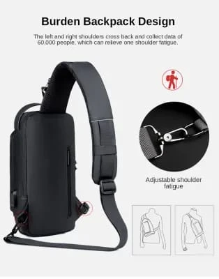 USB charging sport sling Anti-theft shoulder bag (Black)