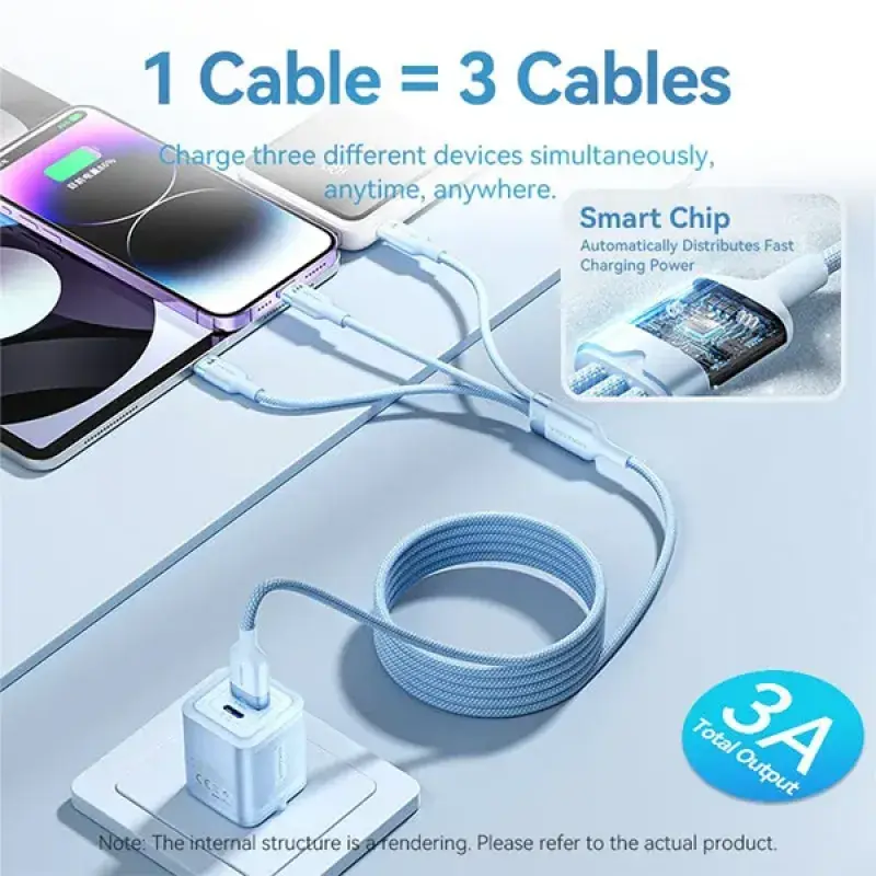 VENTION CTRBG Cotton Braided 3-in-1 USB 2.0 6A Cable - 1.5M