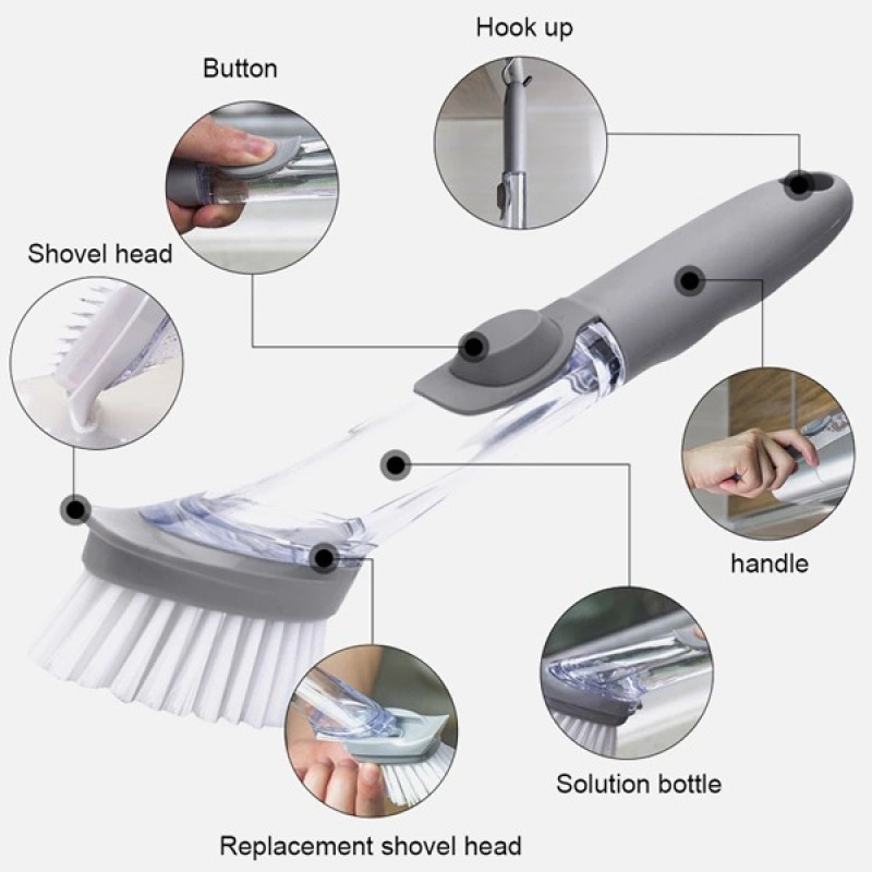 2 in 1 Kitchen Cleaning Brush Long Handle Automatic Liquid Sponge Dispenser Dishwashing Sponge Cleaner Household Cleaning Tools