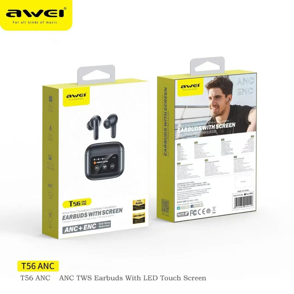 Awei T56 ANC TWS Earphone With Touch LED Display