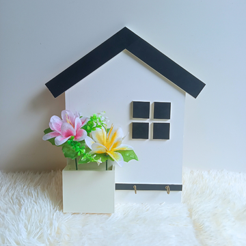 Home shape key holder with artificial flowers