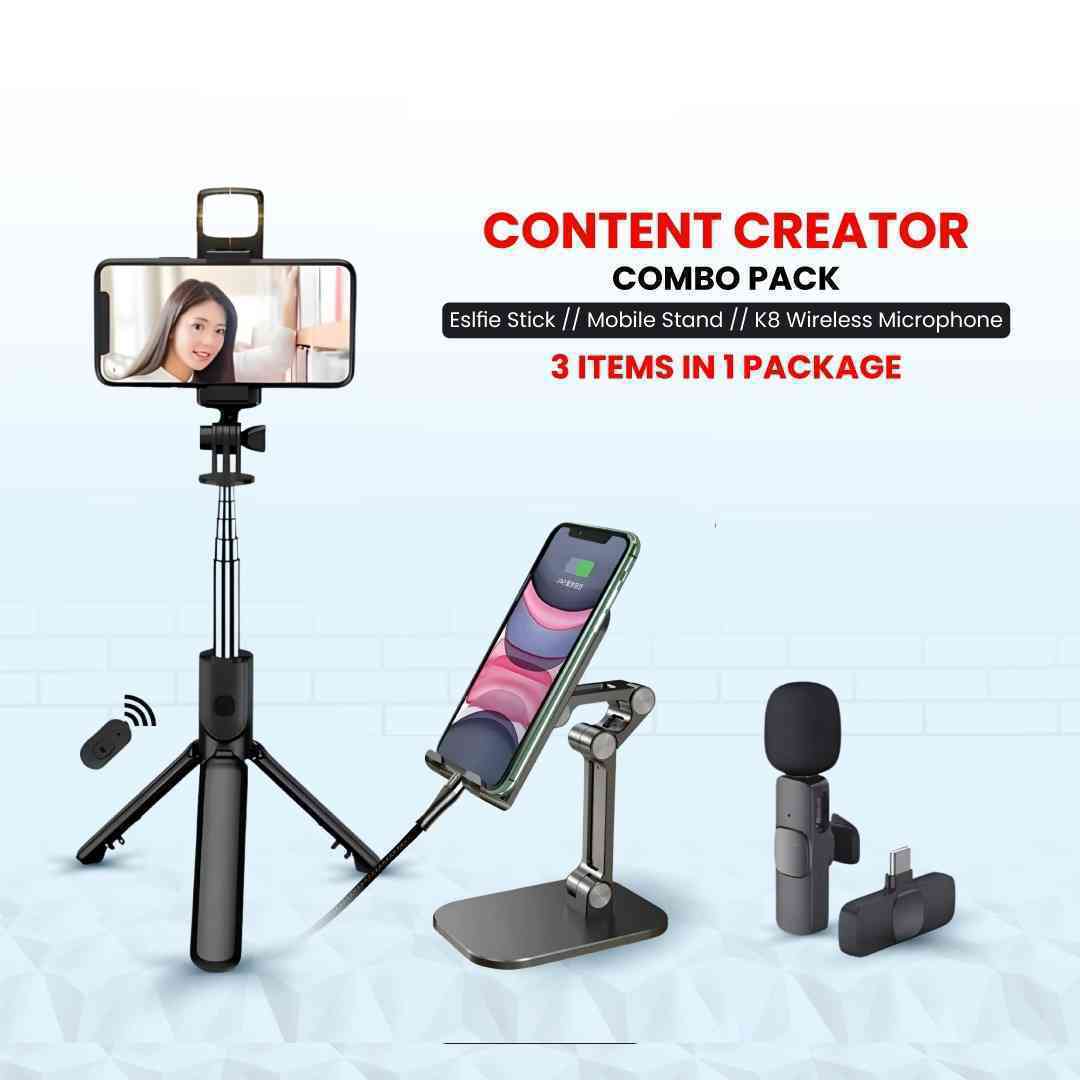 ??3 in 1 Content Creator Combo Pack সেল্ফি স্টিক মাইক্রোফোন মোবাইল স্টান??