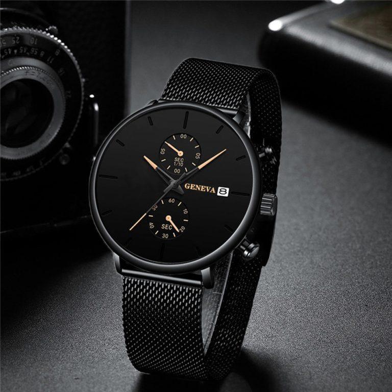 Geneva Pure Black Mesh Strap Men’s Watch | Large Dial Quartz Calendar Business Casual Watch