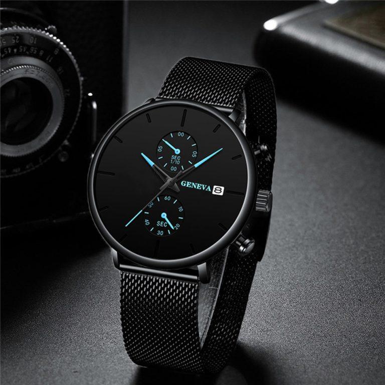 Geneva Pure Black Mesh Strap Men’s Watch | Large Dial Quartz Calendar Business Casual Watch