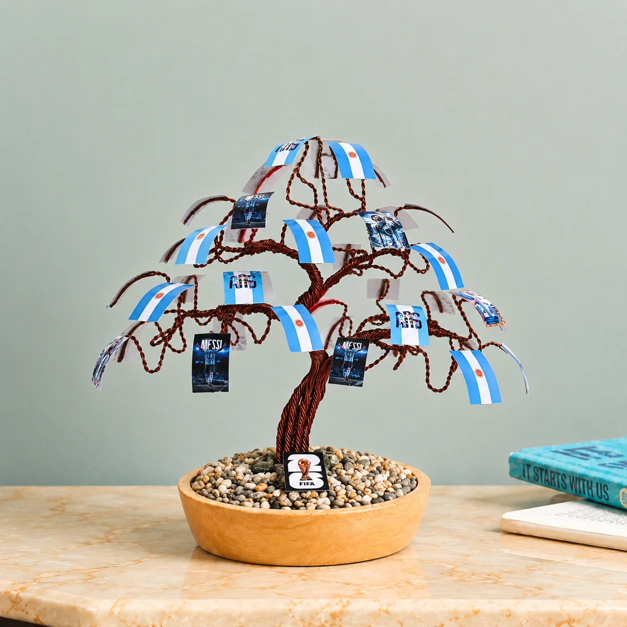 Handcrafted Aluminium Wire Argentina Football Fan Bonsai Tree Unique Home & Office Desk Decoration
