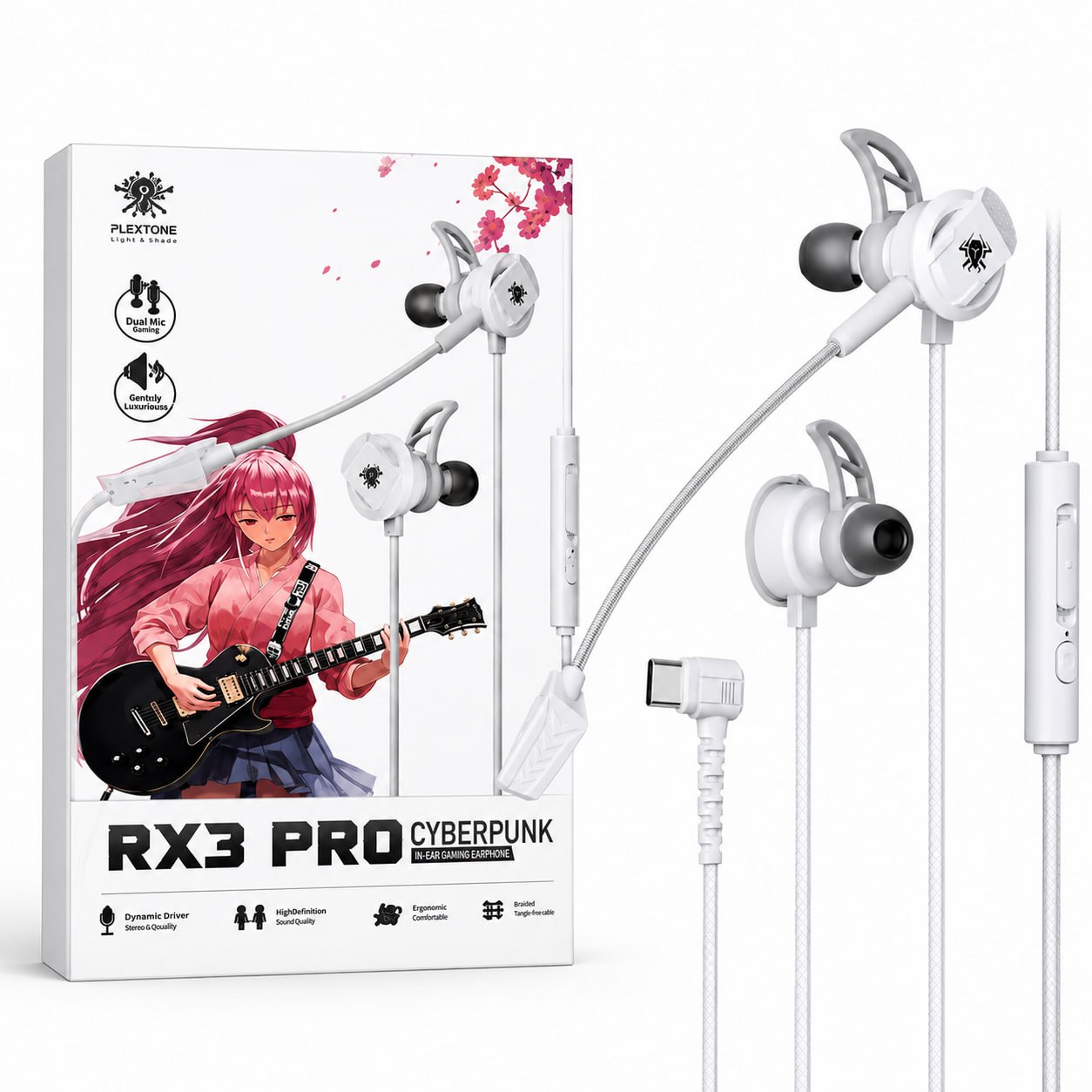 PLEXTONE RX3 Pro Cyberpunk In-Ear Wired Gaming Earphone with Dual Detachable Mic, 10mm Dynamic Driver & Deep Bass for Mobile & PC 12779
