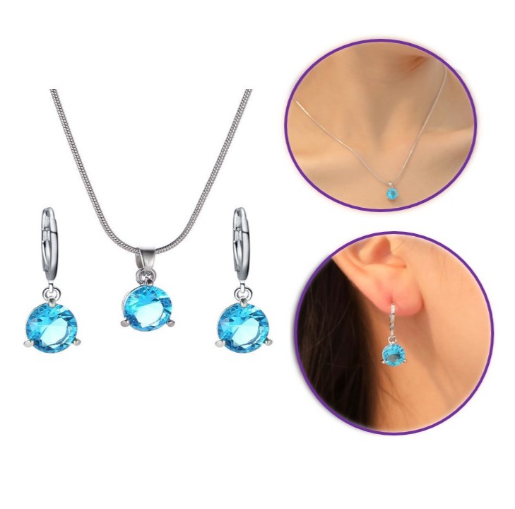 Cubic Zirconia Round Pendant Chain Necklace Hoop Earrings Jewelry Set