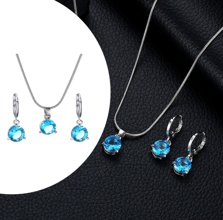 Cubic Zirconia Round Pendant Chain Necklace Hoop Earrings Jewelry Set