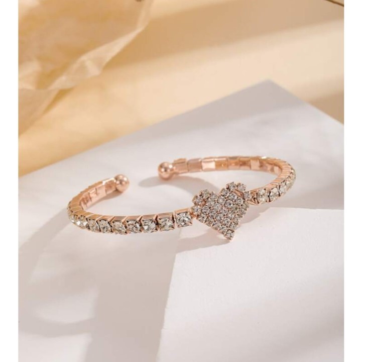Bracelet Rhinestone Heart Decor Cuff Bangle Adjustable Bangle Bracelet for Women-Golden Bracelet