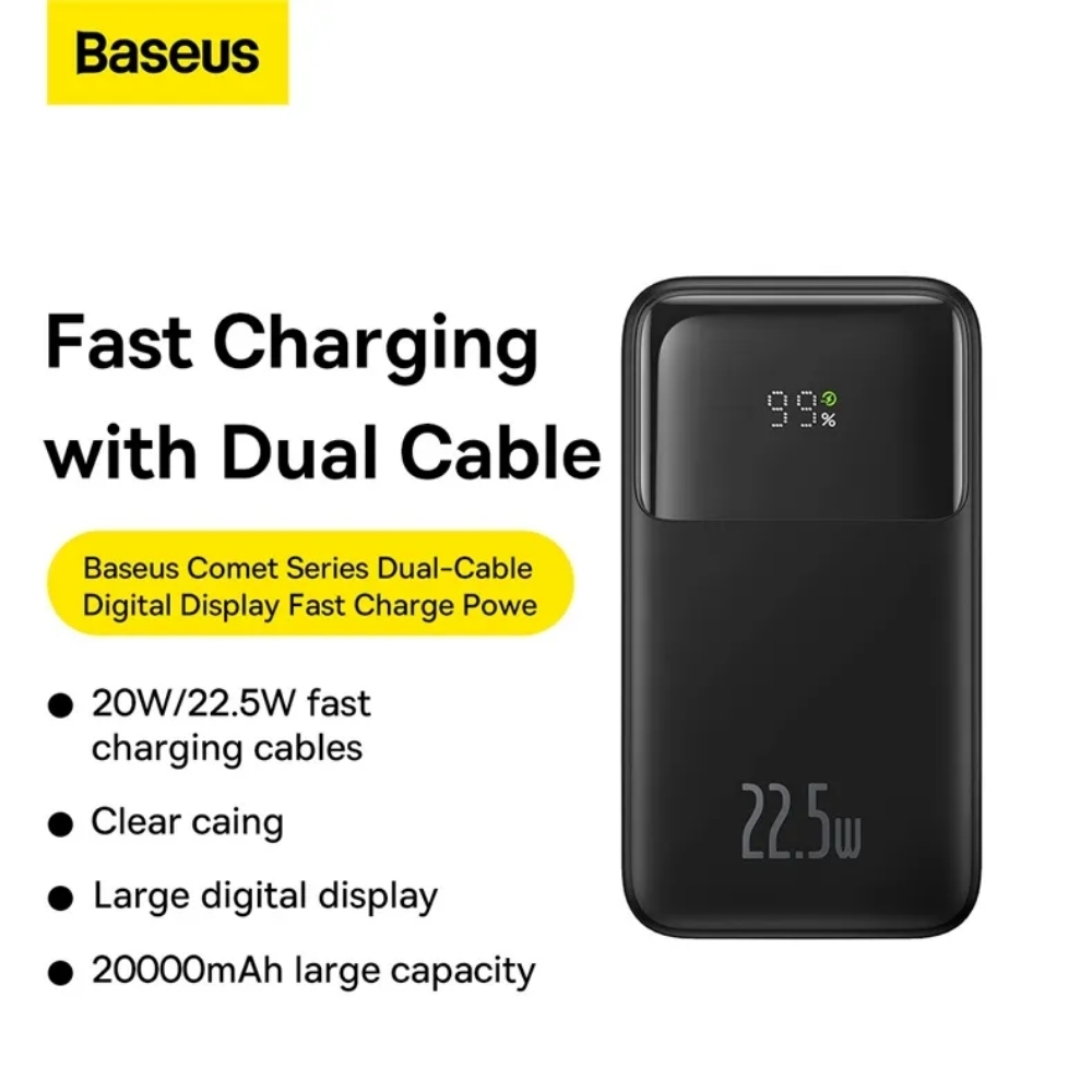 Baseus Comet Series PPMD20 Dual Cable 20000mAh Black 22.5W Power Bank with Digital Display