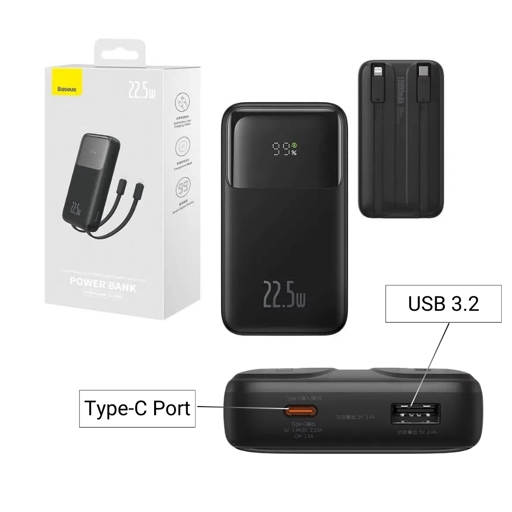 Baseus Comet Series PPMD20 Dual Cable 20000mAh Black 22.5W Power Bank with Digital Display