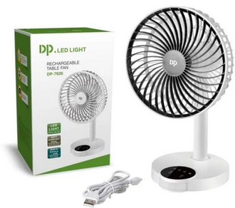 DP 7626 (RECHARGEABLE PORTABLE USB FAN with led light) 4000mah 15 hours long battery backup