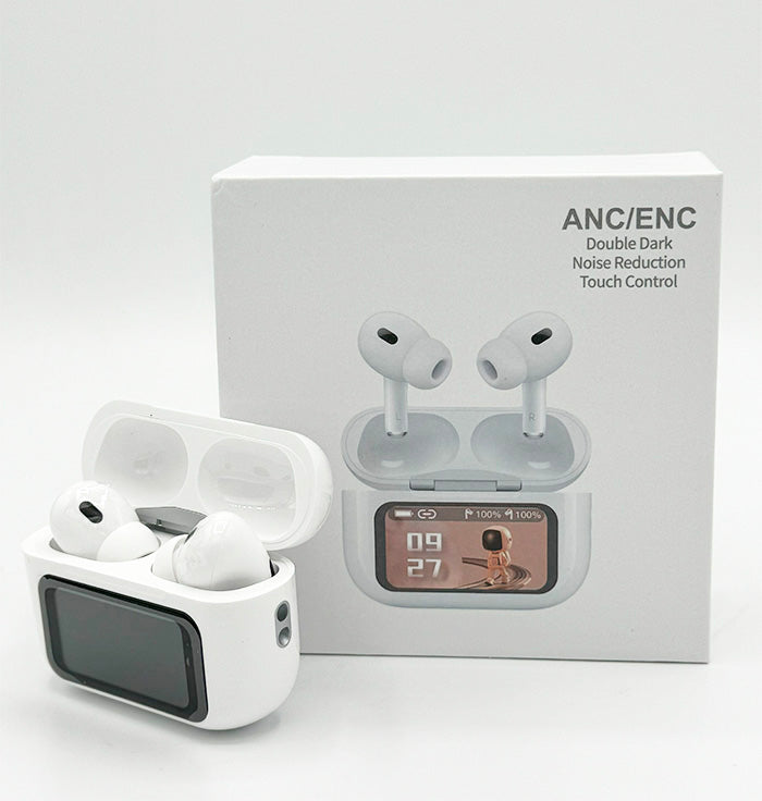 App Version A9 Pro Touch Screen Display Airpods with ANC ENC TWS Earbuds iOS and Android App Supported Airpods – White