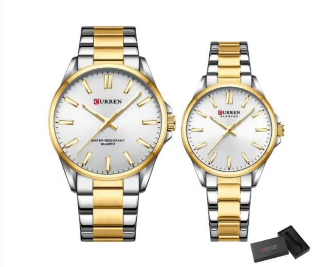 CURREN 9090 Couple Quartz Watch Bracelet For Stainless Steel Analog Fashion Creative Leisure Round Watch - SILVER & GOLDEN WHITE