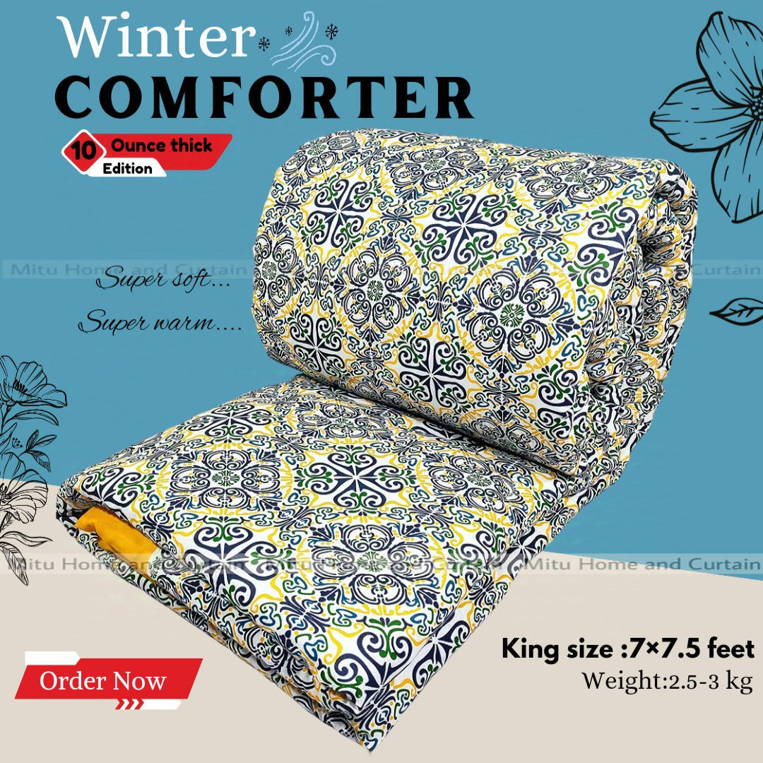 King Size Exclusive Cotton Fabric Winter Comforter with European Cube Design, 84*90 in / 7*7.5 ft (Yellow Pattern Art)