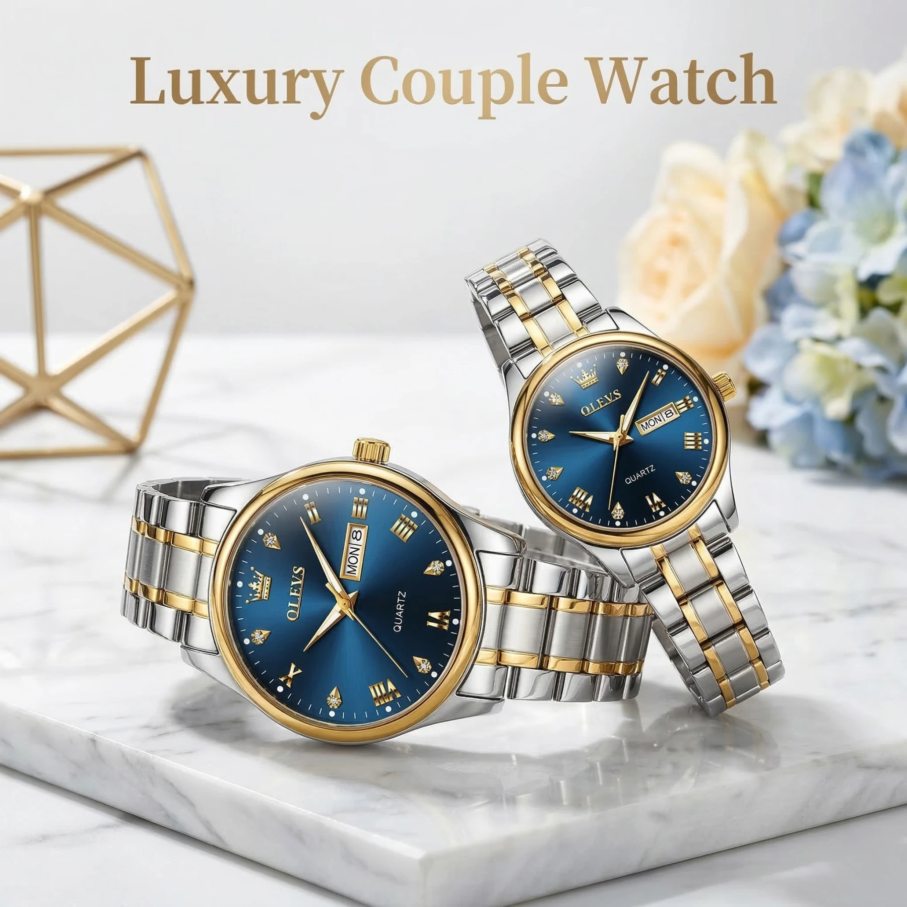 Olevs 5563 Couple Watch tow tone chain (blue dial)