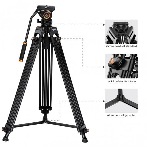 Tripod K&F 09.147 72"/1.8m Video Tripod Aluminum Transverse Center Column 17.6lbs/8KG with Fluid Head, for DSLR Camcorders Camera VA18+ VH081