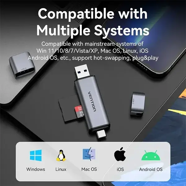 VENTION CLLH0 2-in-1 USB 3.0 A+C Card Reader(SD+TF) Dual Drive Letter - Gray