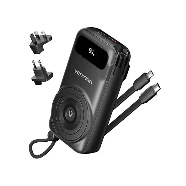 VENTION FHXB0 22.5W 10000mAh LED Display 6-in-1 Travel Power Bank with Built-in USB-C and Lightning Cable