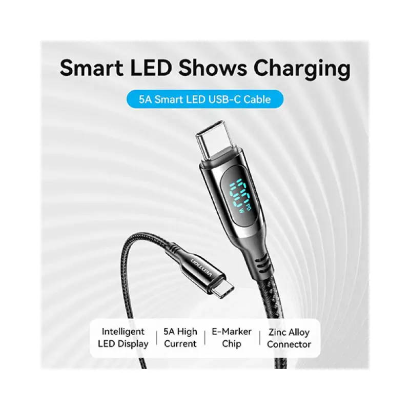 VENTION TAYBAV Type-C to Type-C 5A USB 2.0 LED Display Cable - 1.2M