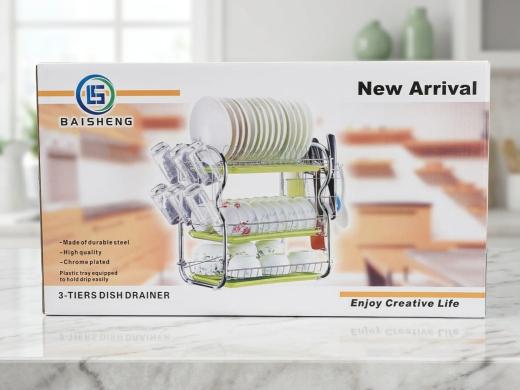 Baisheng 3-Tiers Luxury Dish Drainer - Silver & Green