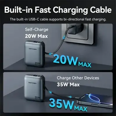 VENTION FHEN0 35W 10000mAh Mini Power Bank with Built-in USB-C Cable