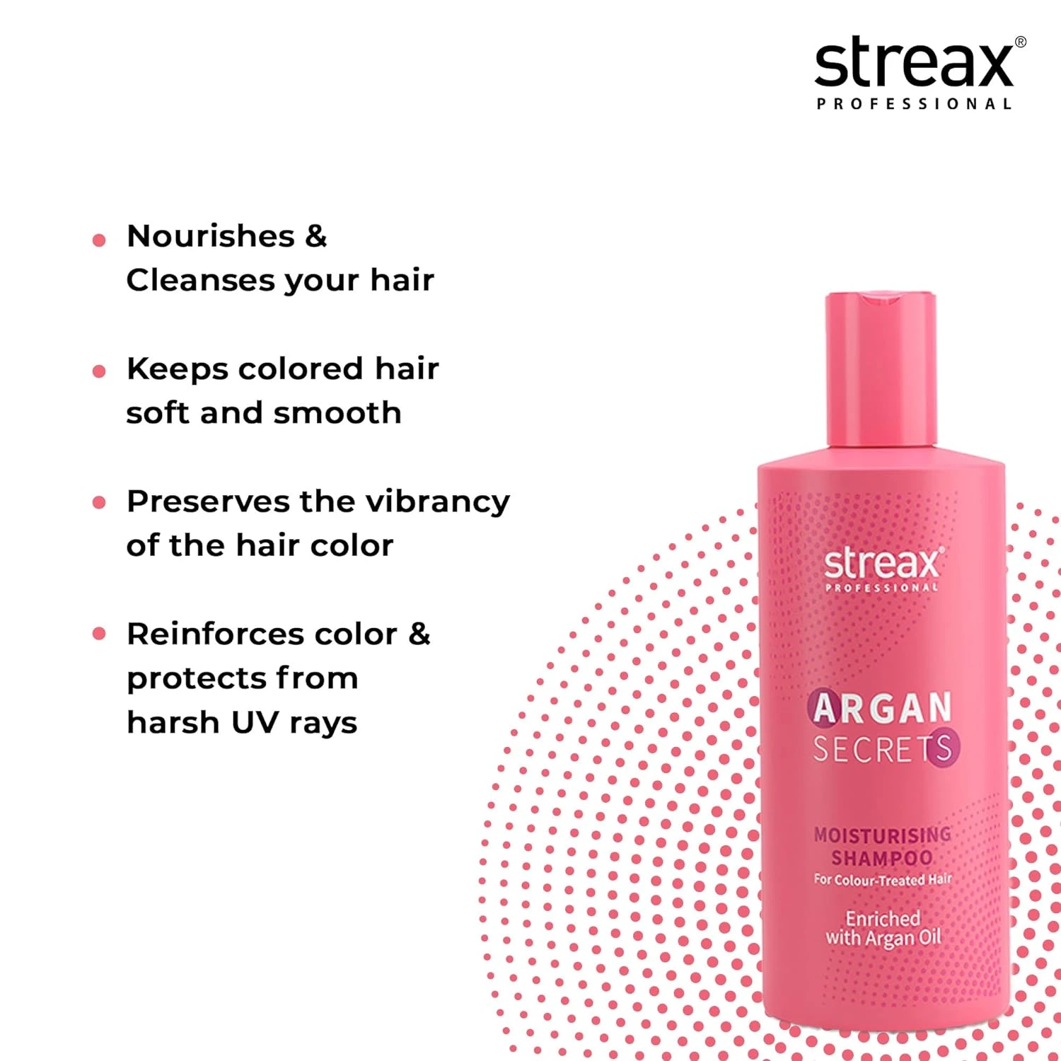 Streax Professional Shampoo 300ml Argan Secrets MOISTURISING Shampoo for Women | Enriched with Argan Oil & UV Filter | Enhances Colour Retention | Cleanses & Nourishes Hair | Made in BD