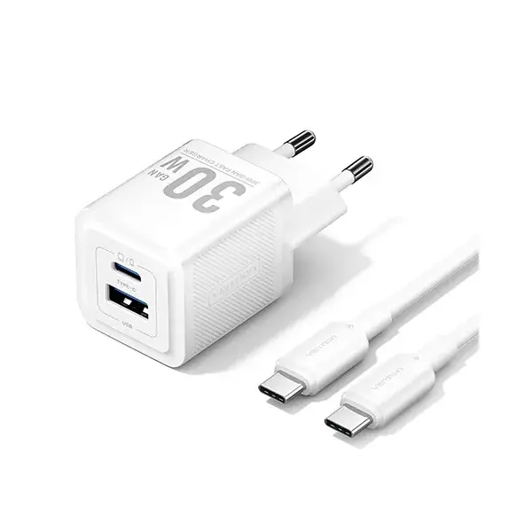 VENTION TZ-FEQW0-US-01 2-Port 30W USB (C+A) GaN Charger with Type-C Cable - US Plug