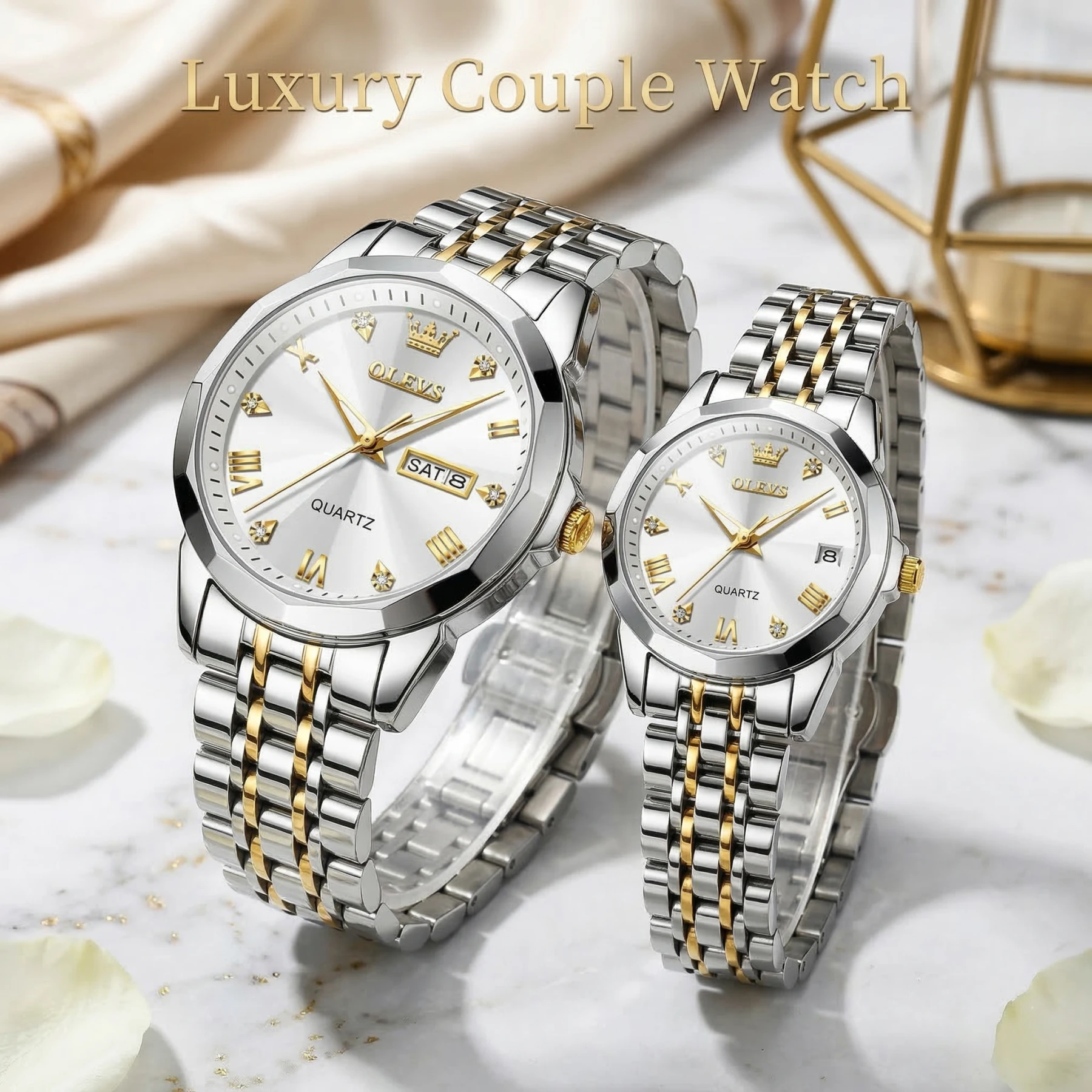 Olevs Stainless Steel fashionable Couple watches Silver