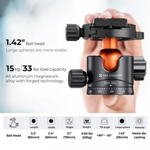 K&F Concept 70" Aluminium Camera Tripod M1+BH-36L – 15kg Load, Portable & Flexible KF09.105V1