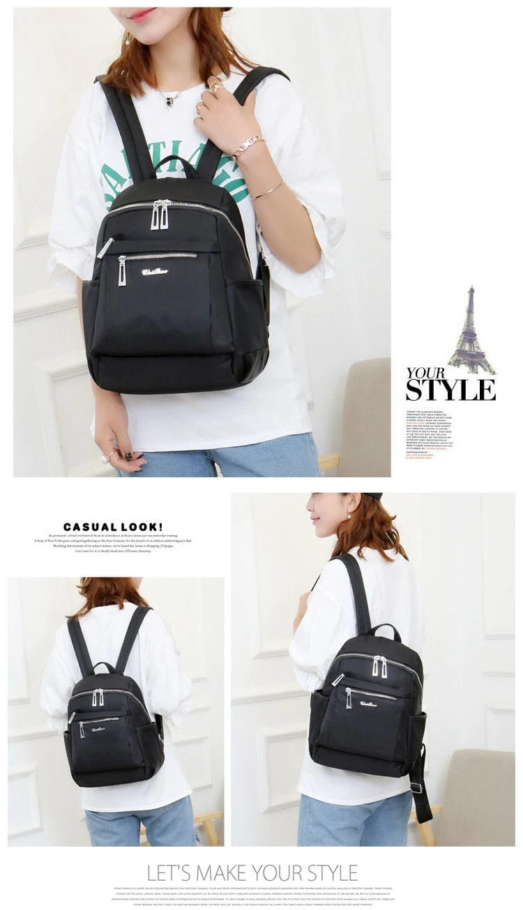 Nylon Backpack Durable Waterproof Casual Shoulder Bag (Black)
