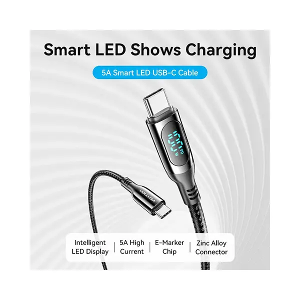 VENTION TAYBAV Type-C to Type-C 5A USB 2.0 LED Display Cable - 1.2M