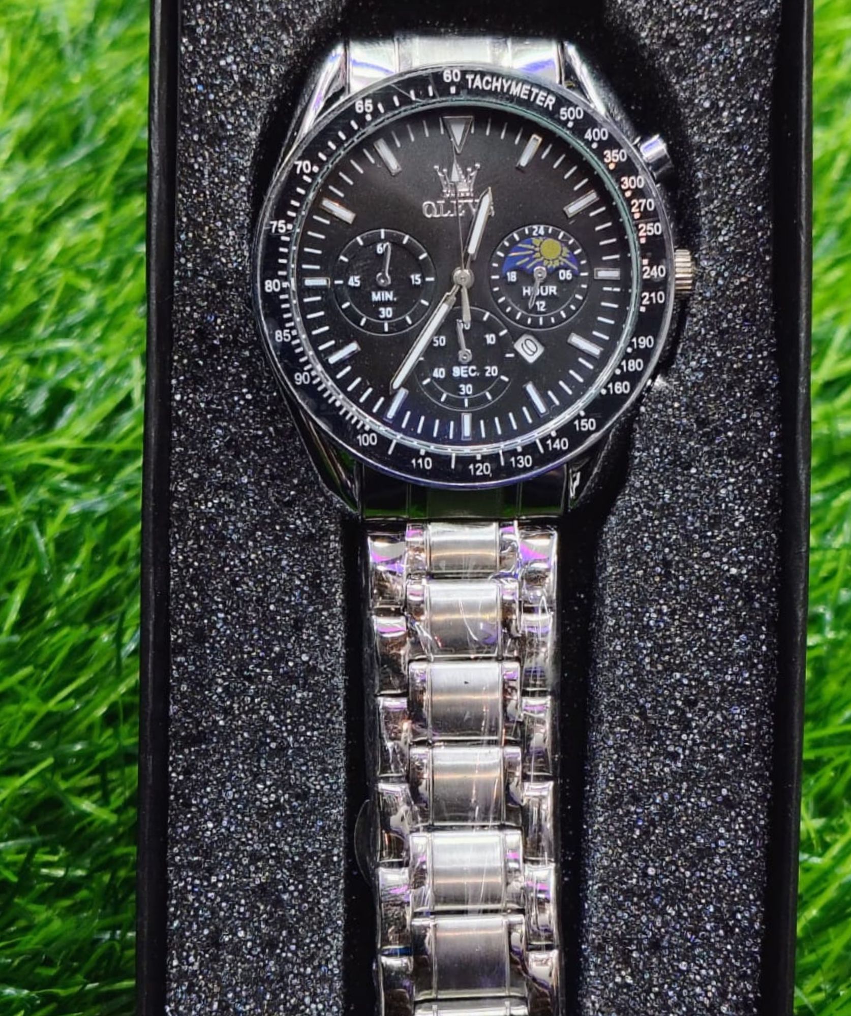 Butter Fly Lock OLEVS Watch for mens (Still chain and black dial)
