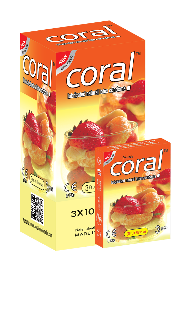 Coral 3 Fruits Flavors Lubricated Natural Latex Condoms Full Box (30 Pcs)