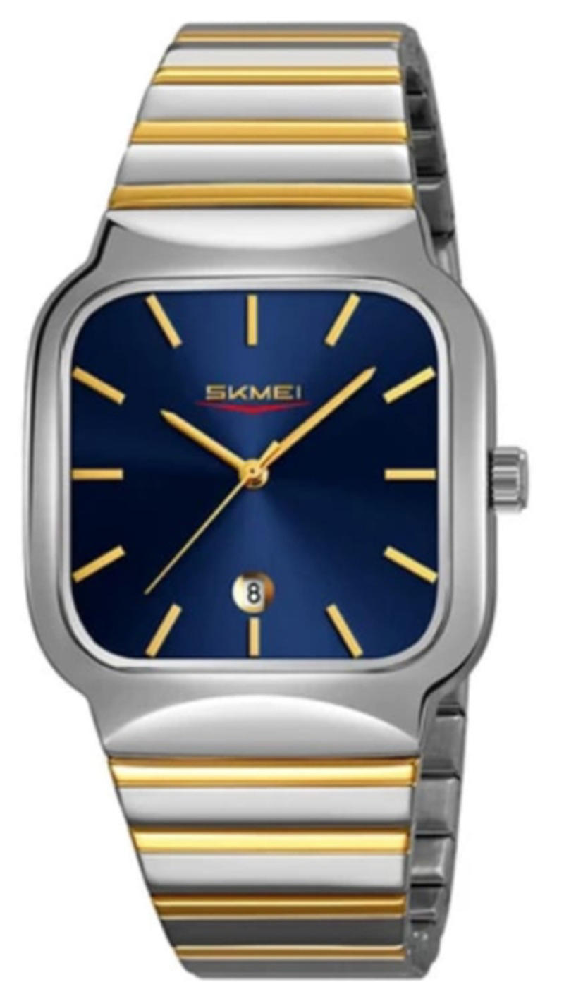Skmei 9361 Square Quartz Watch for Men- Silver Gold & Blue