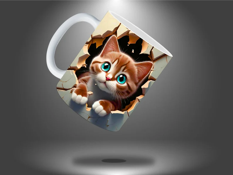 3D Cat Hole In A Wall Design Mug