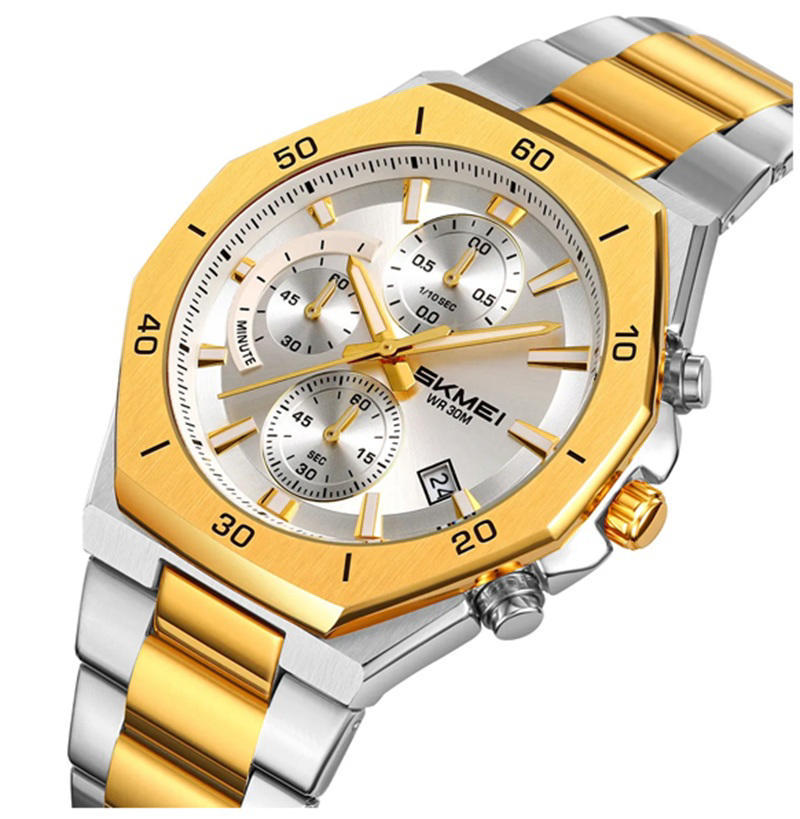 Skmei 2452 Chronograph Luminous Stainless Steel Quartz Watch for Men- Silver Gold