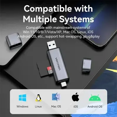 VENTION CLLH0 2-in-1 USB 3.0 A+C Card Reader(SD+TF) Dual Drive Letter - Gray