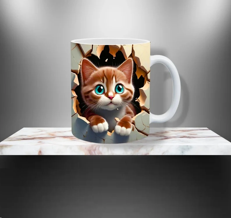 3D Cat Hole In A Wall Design Mug