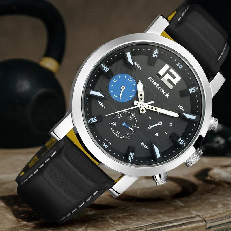 Fastrack NS3227SL01 Fastfit Quartz Multifunction Black Dial Leather Strap Watch