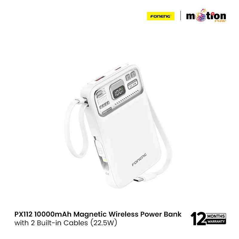 FONENG PX112 10000mAh Mini 22.5W Magnetic Wireless Power Bank with 2 Built-in Cables