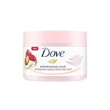 Dove Exfoliating Body Scrub Pomegranate Seeds 225ml / Macadamia & Rice Milk Scent 225ml / Body Polish Brown Sugar & Coconut Butter 298gm / Oatmeal & Calendula Oil 298gm | Made in Slovakia
