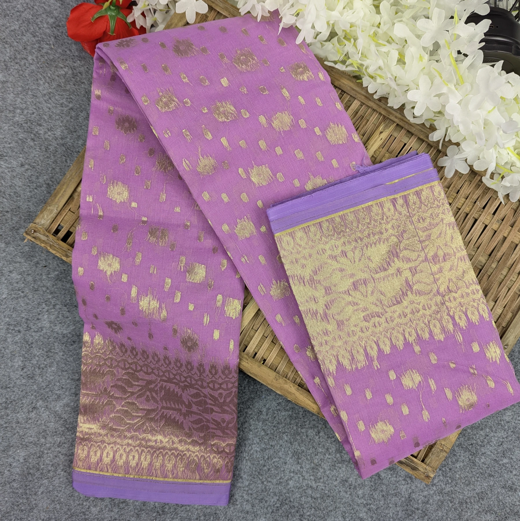 Premium Half Silk Jamdani Saree Combo Set - Light Purple