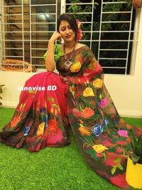 হাফসিল্ক শাড়ীতে হ্যান্ডপ্রিন্ট তুলির কাজ করা