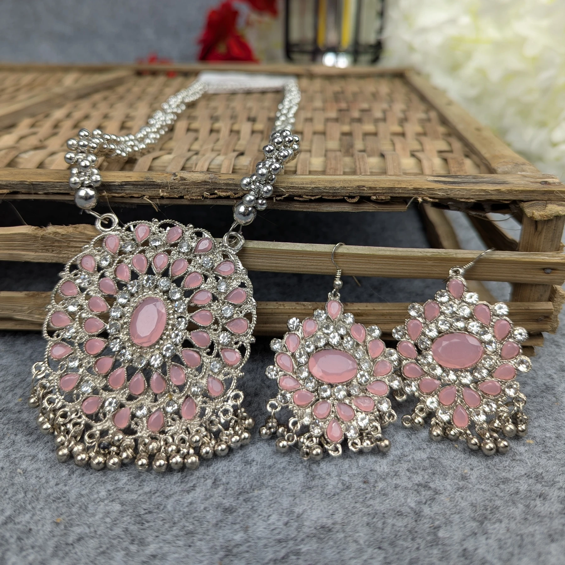 Antique Oxidized Necklace & Earrings Set – (Multiple Colors Available)