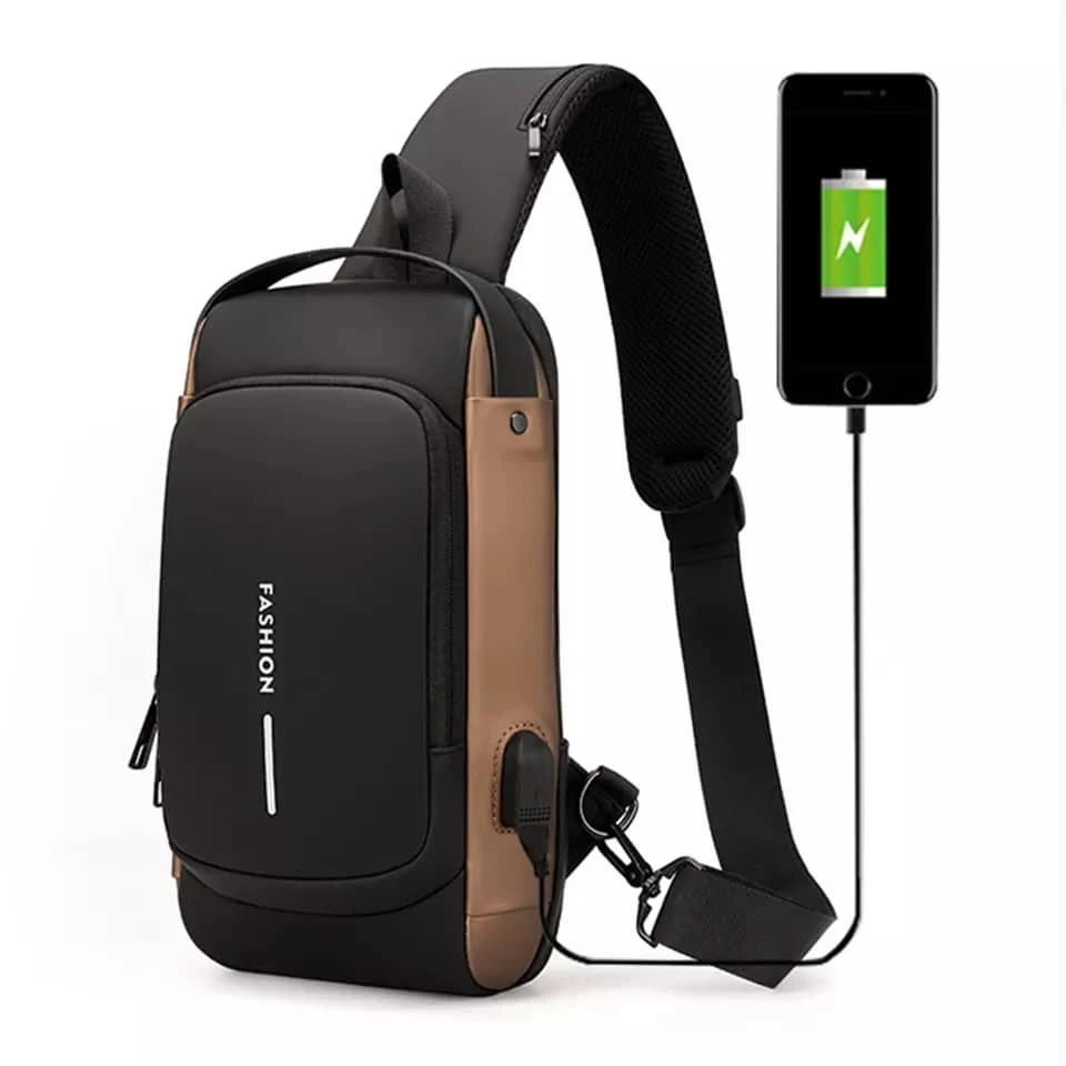 USB charging sport sling Anti-theft shoulder bag (Black)