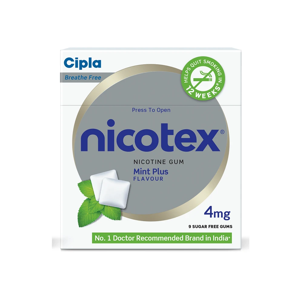 Cipla Nicotex Nicotine Sugar Free Mint Plus Gums 4Mg 12 Gums Each Pack | Helps To Quit Smoking - Who | Approved Therapy
