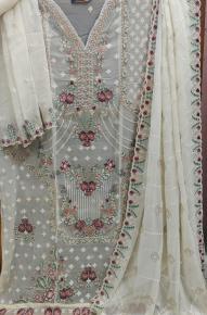 Premium Pakistani Off-White Handwork Cotton Suit with Chiffon Georgette Dupatta