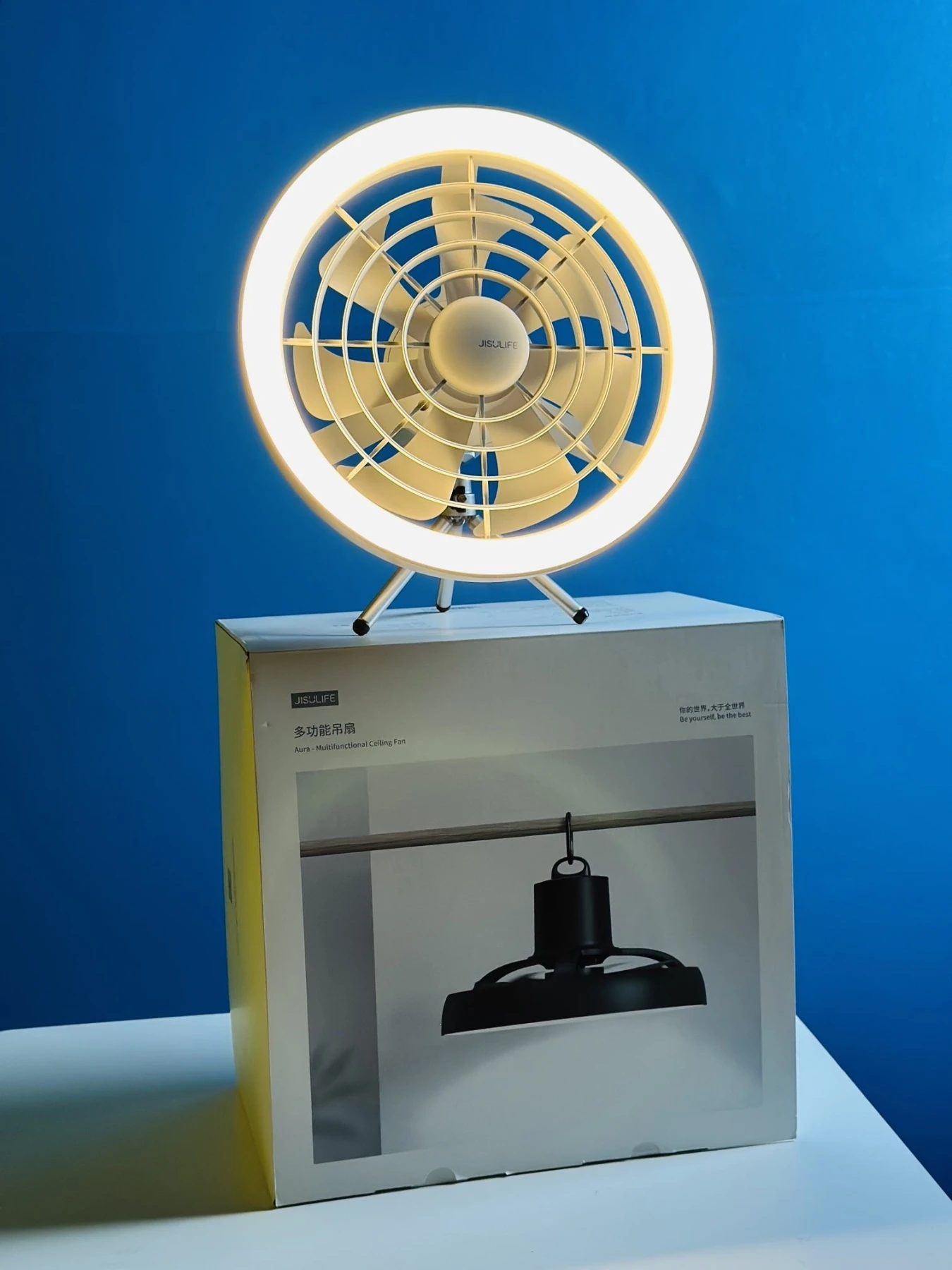 JISULIFE FA17 Rechargeable Fan with LED Ceiling Fan with Long Tripod Stand- White Color