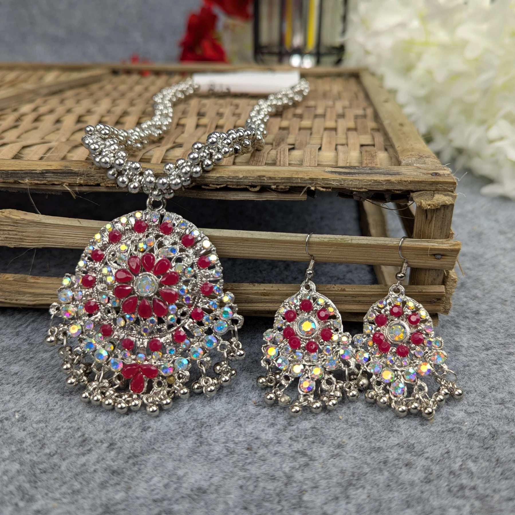 Antique Oxidized Necklace & Earrings Set – (Multiple Colors Available)